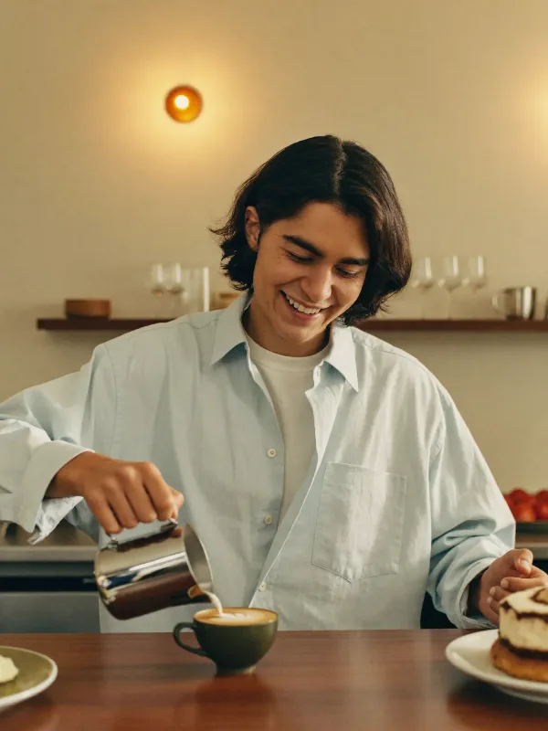 Barista sirviendo café en una cafetería luminosa